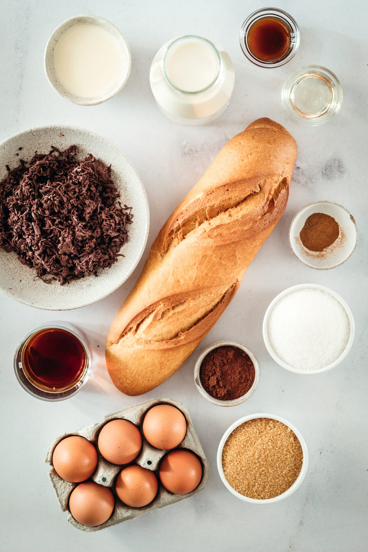 Overhead shot of Chocolate Bread Pudding ingredients