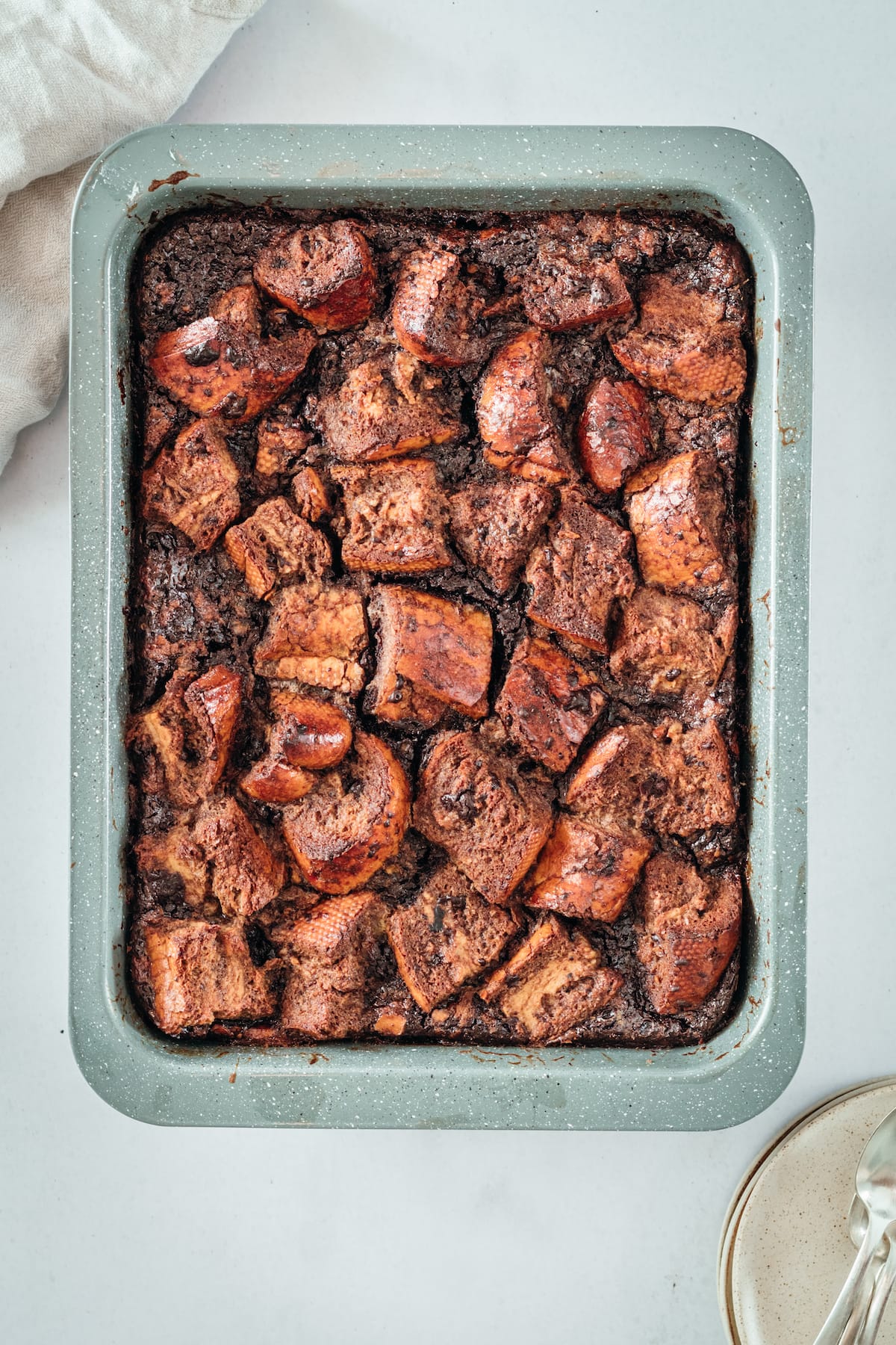 Overhead shot of Chocolate Bread Pudding in baking dish