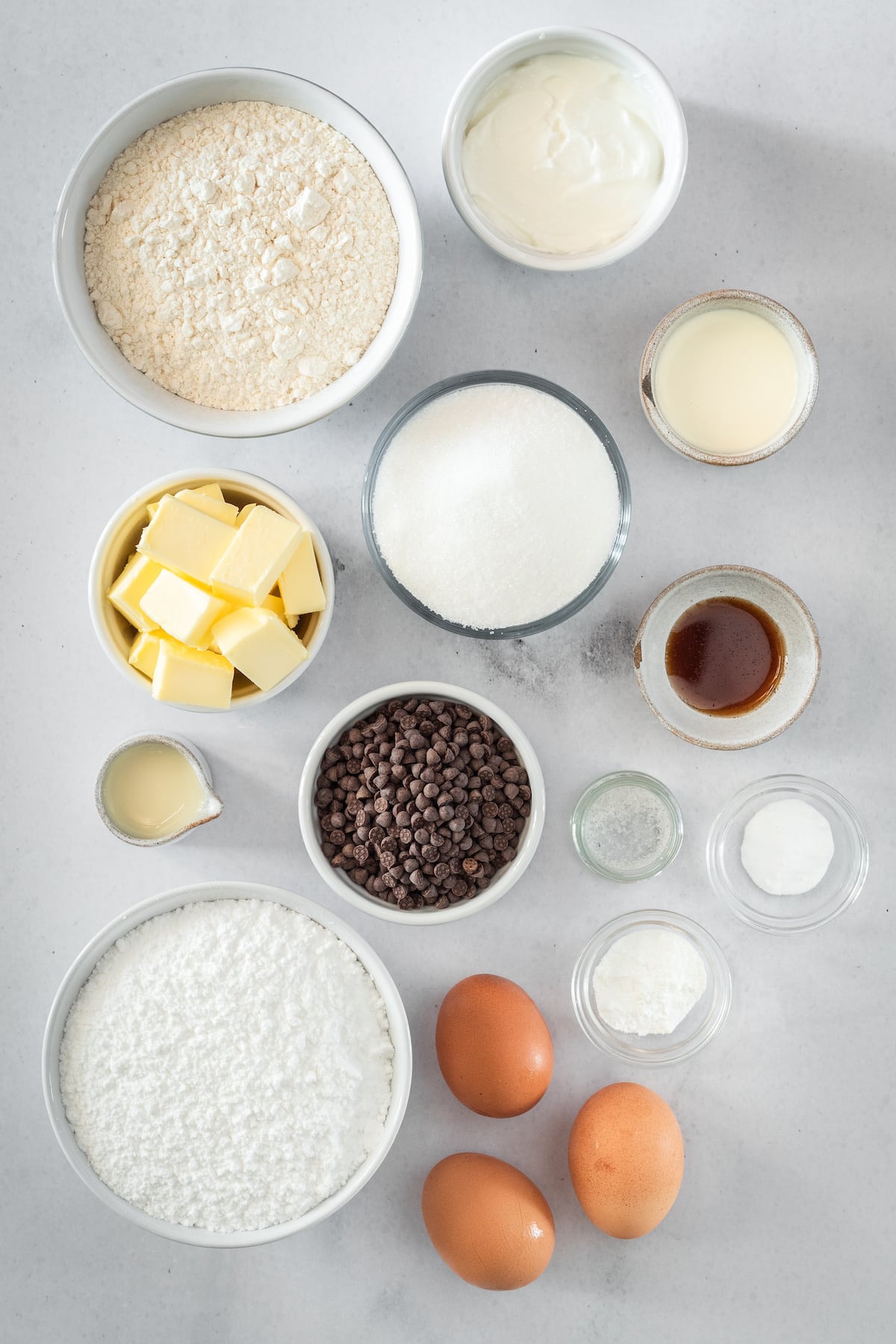 Overhead shot of Chocolate Chip Cake ingredients