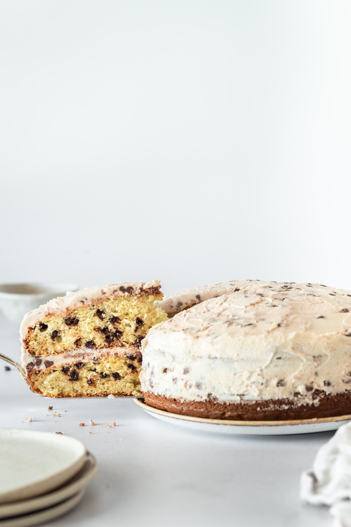 Slice of Chocolate Chip Cake being taken out