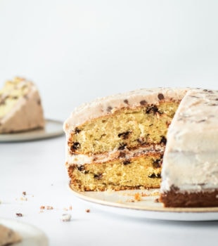 Chocolate Chip Cake with slice taken out
