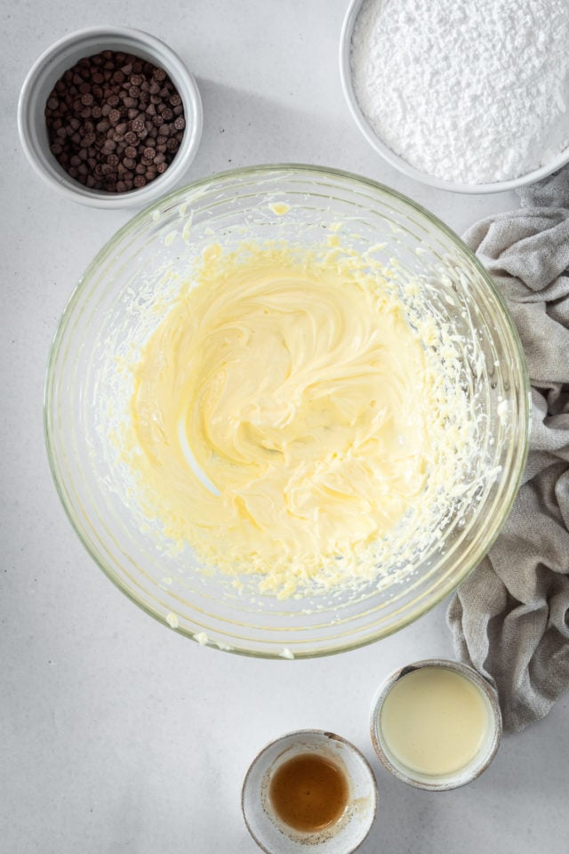 Overhead shot of whipped butter in glass bowl