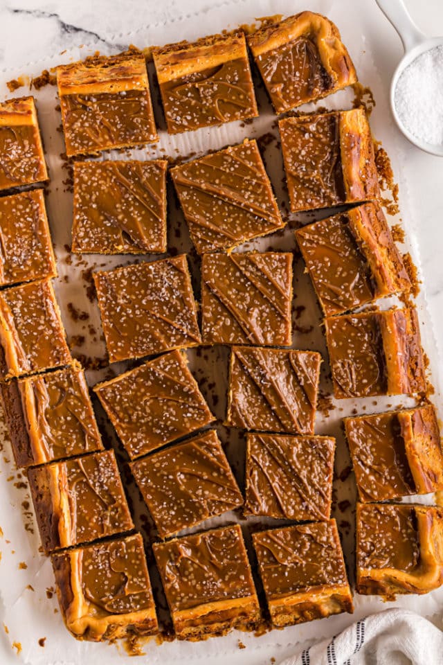 overhead view of sliced Dulce de Leche Cheesecake Bars