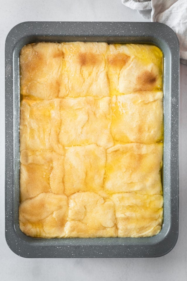 Overhead shot of Sticky Biscuits in baking pan before baking