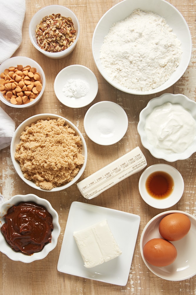 overhead view of ingredients for Brown Sugar Snack Cake with Dulce de Leche Frosting