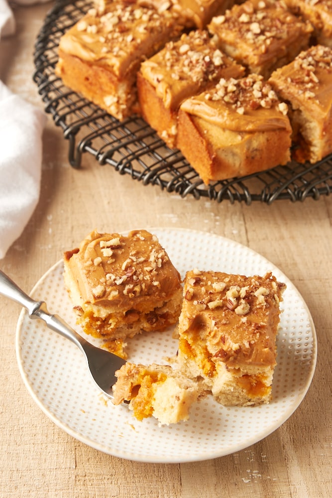 slices of Brown Sugar Snack Cake on a white and beige plate