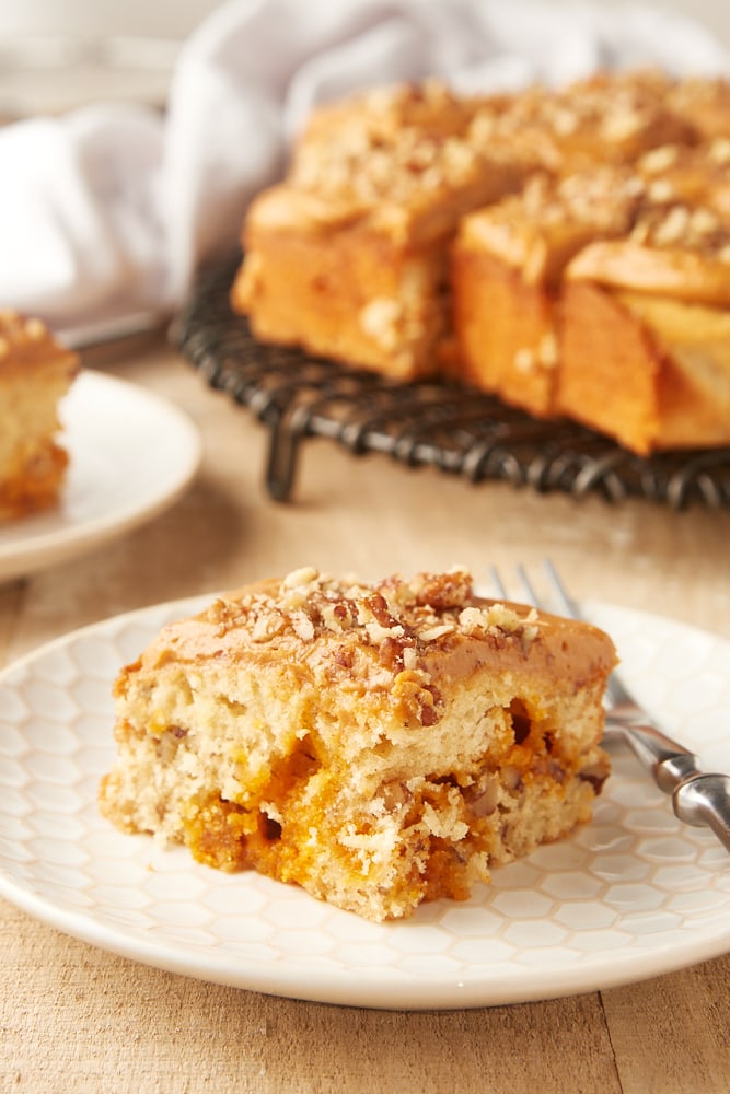 slice of brown sugar cake on a white and beige plate