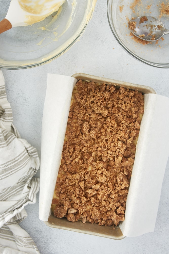 Sour Cream Coffee Cake Loaf in a loaf pan ready to go in the oven