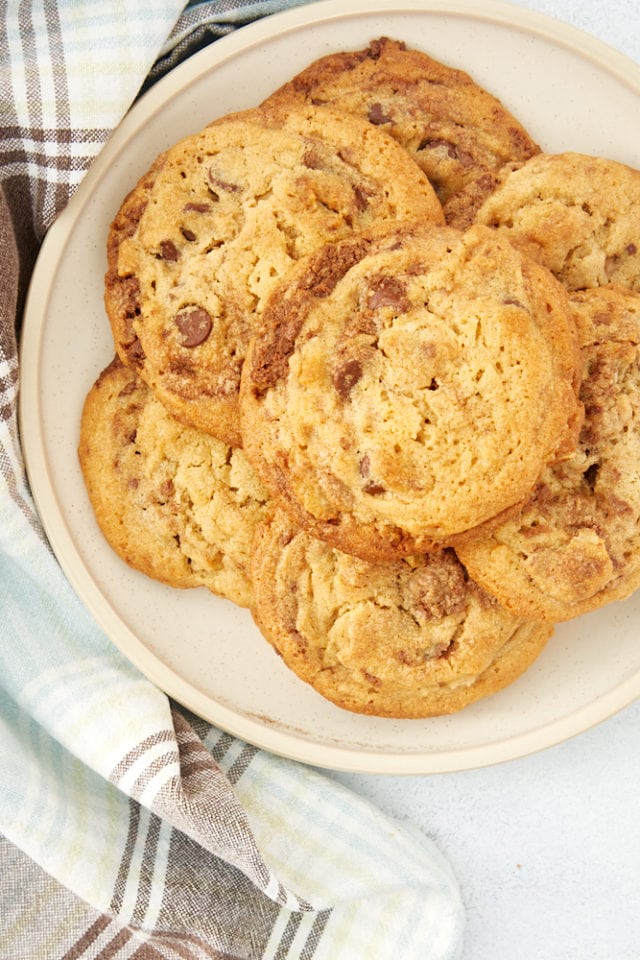 overhead view of Nutella Peanut Butter Cookies on a beige plate