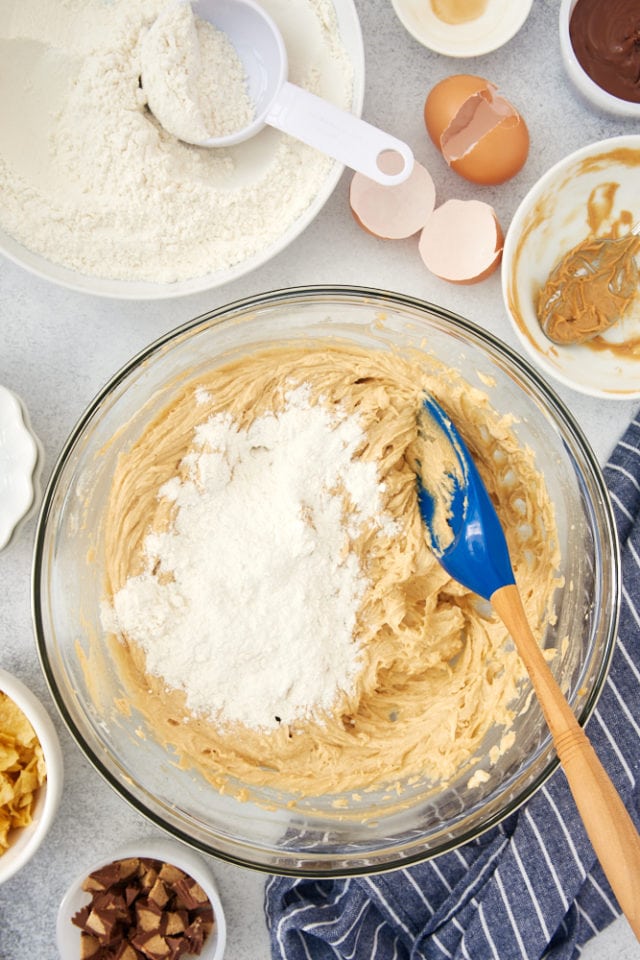 flour mixture added to wet ingredients for Nutella Peanut Butter Cookies