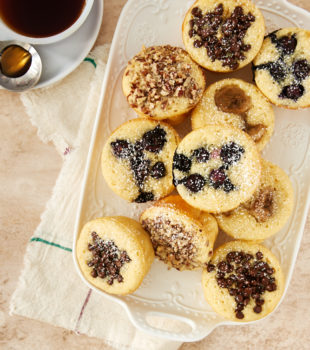 overhead view of Pancake Muffins on a white tray