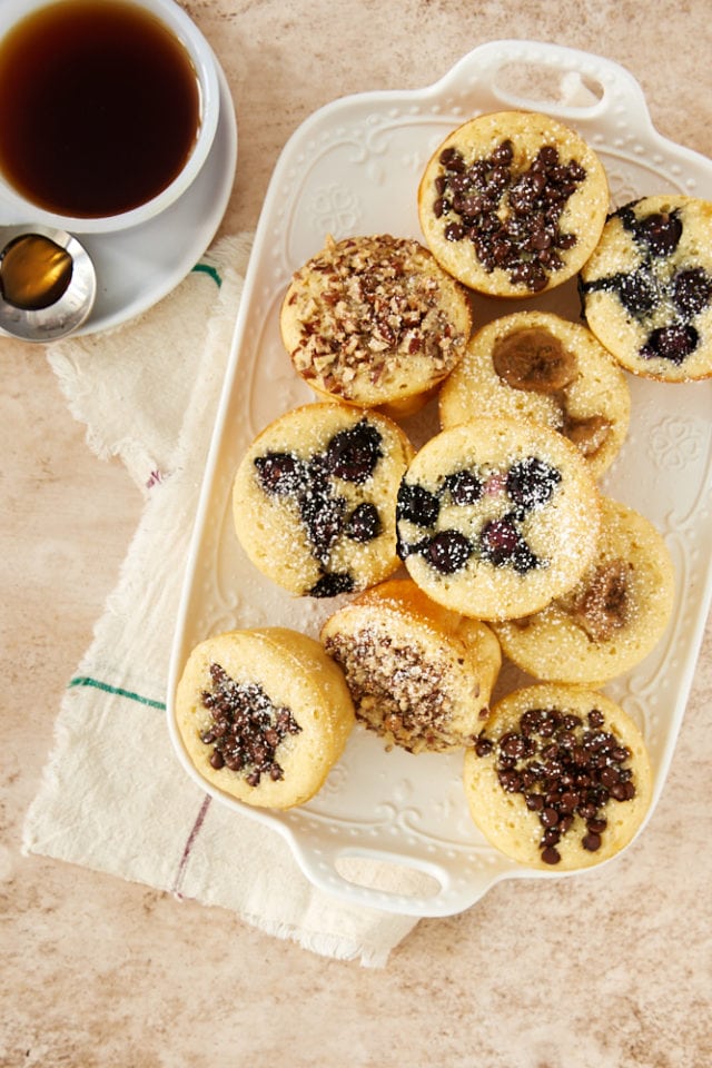 overhead view of Pancake Muffins on a white tray