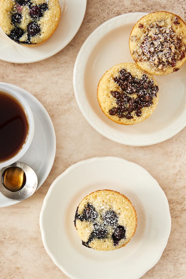 overhead view of Pancake Muffins on white plates