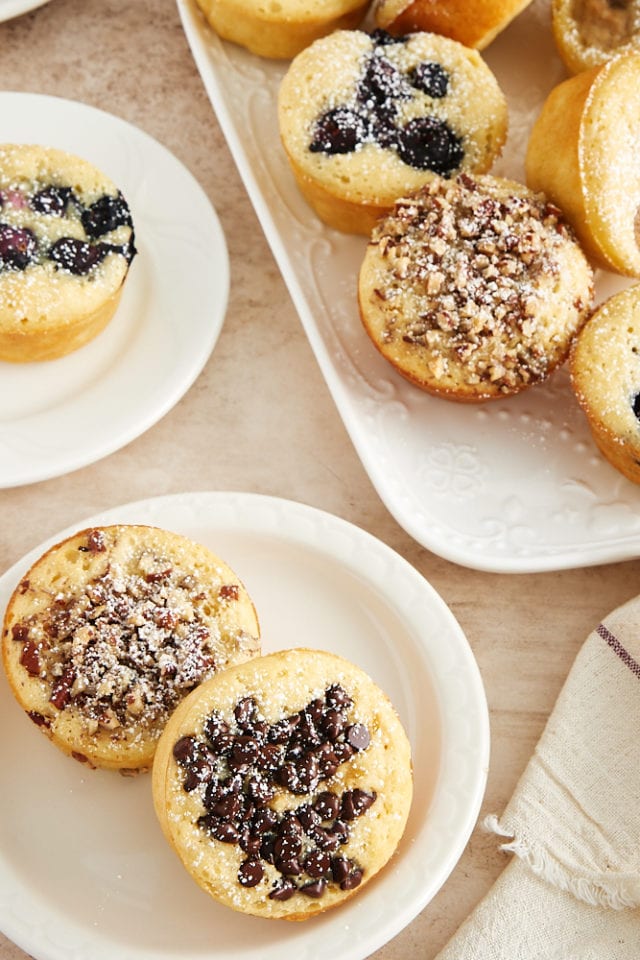 Pancake Muffins on white plates and a white serving tray