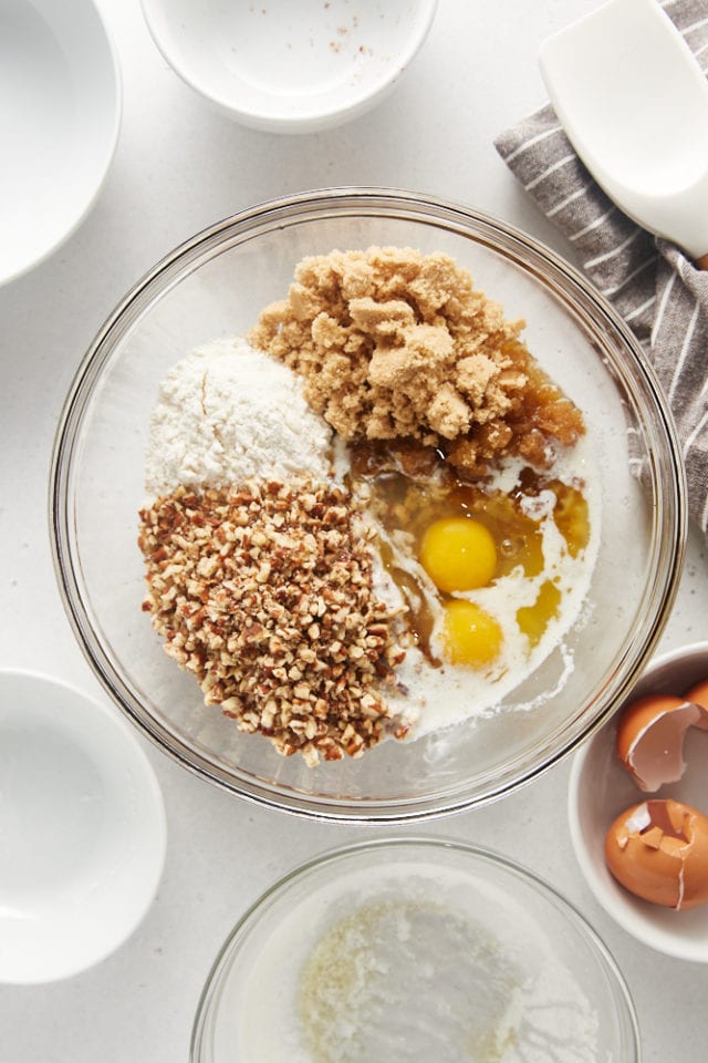 overhead view of Pecan Pie Cupcake ingredients in a glass mixing bowl