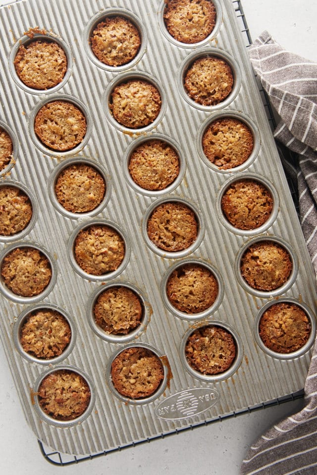 overhead view of Pecan Pie Cupcakes in a mini muffin pan