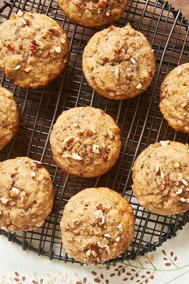 overhead view of Pecan Spice Muffins cooling on a wire rack