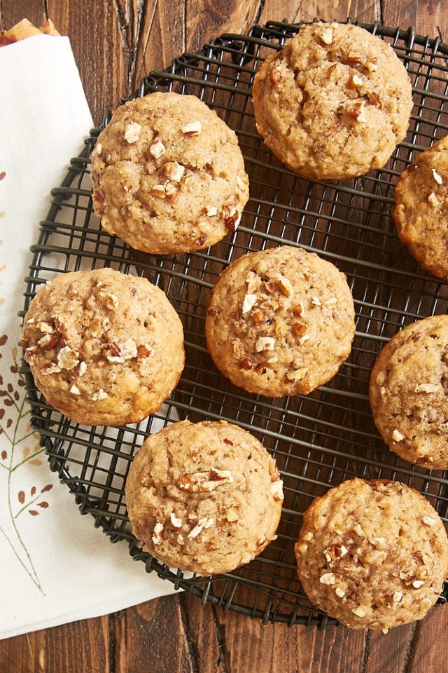 overhead view of Pecan Spice Muffins on a wire cooling rack