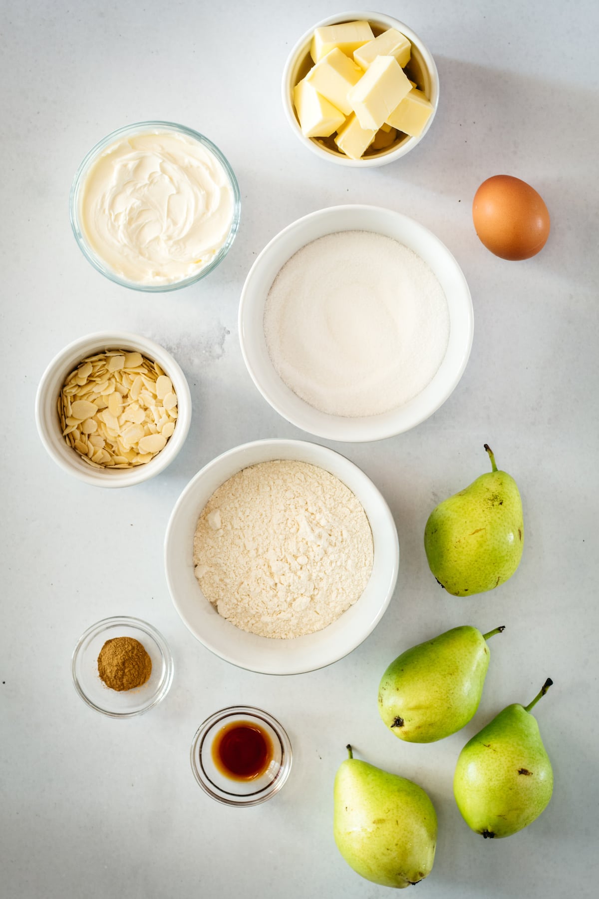 Overhead view of Almond Pear Cream Cheese Tart ingredients
