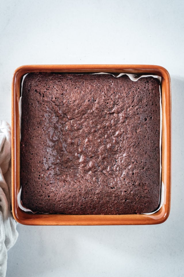 Overhead view of brownies baked in square pan