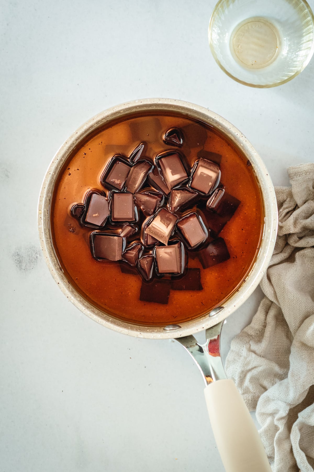 Overhead view of chocolate being melted into corn syrup