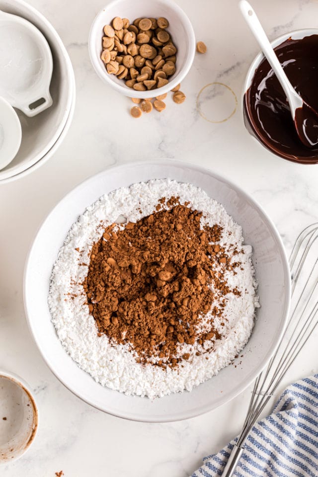 confectioners' sugar and cocoa powder in a white mixing bowl