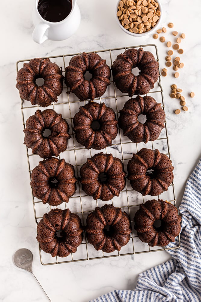 overhead view of Mini Chocolate Bundt Cakes cooling on a wire rack
