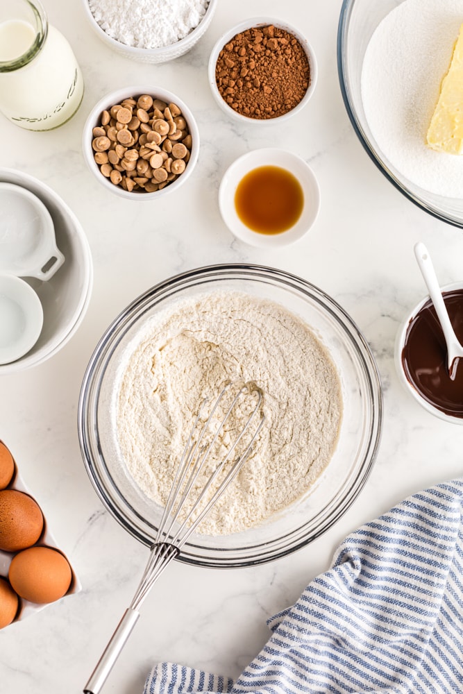 overhead shot of dry ingredients for Mini Chocolate Bundt Cakes