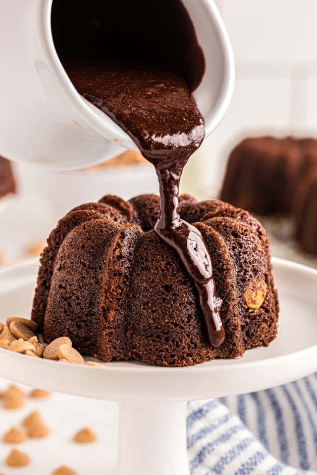 chocolate glaze poured over a Mini Chocolate Bundt Cake