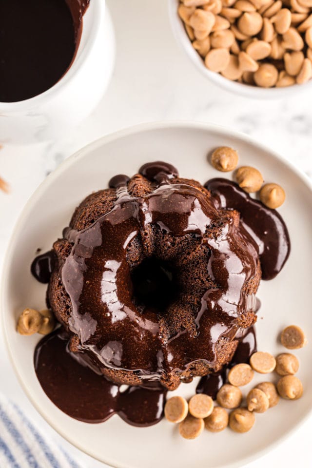 overhead view of a Mini Chocolate Bundt Cake topped with chocolate glaze and peanut butter chips