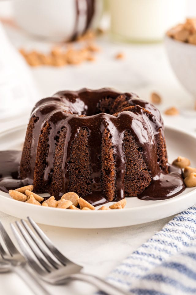 a Mini Chocolate Bundt Cake on a white plate