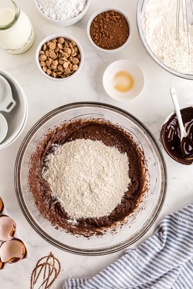 a mixture of flour, baking powder, baking soda, and salt added to cake batter