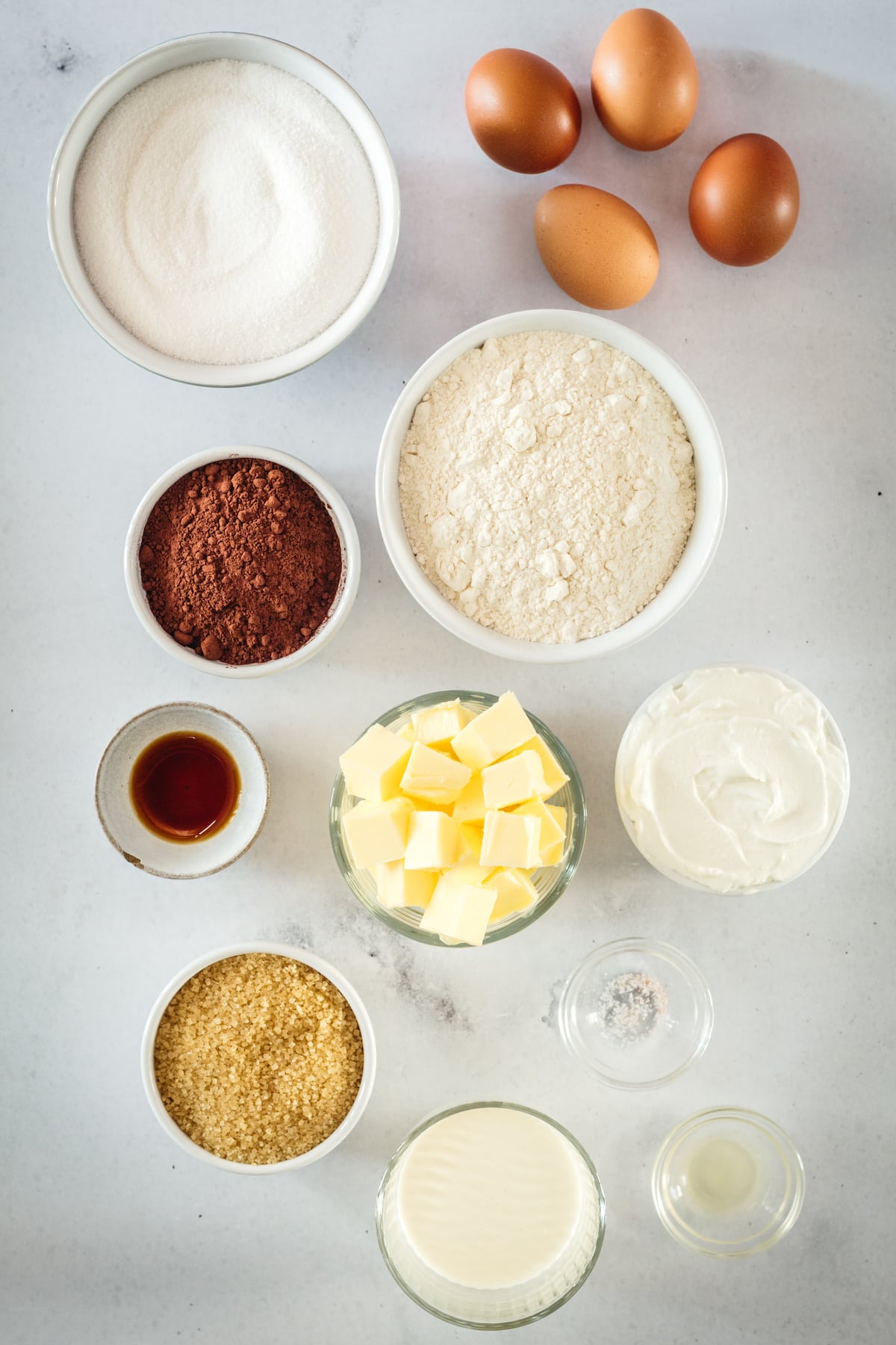 Overhead view of Mini Chocolate Pound Cake and Butterscotch Glaze ingredients