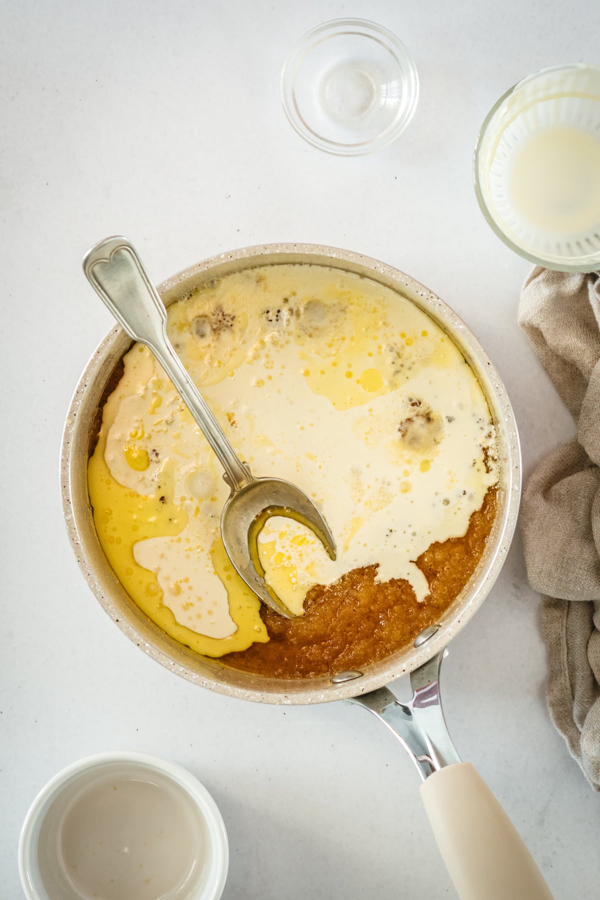 Overhead view of butterscotch ingredients in saucepan