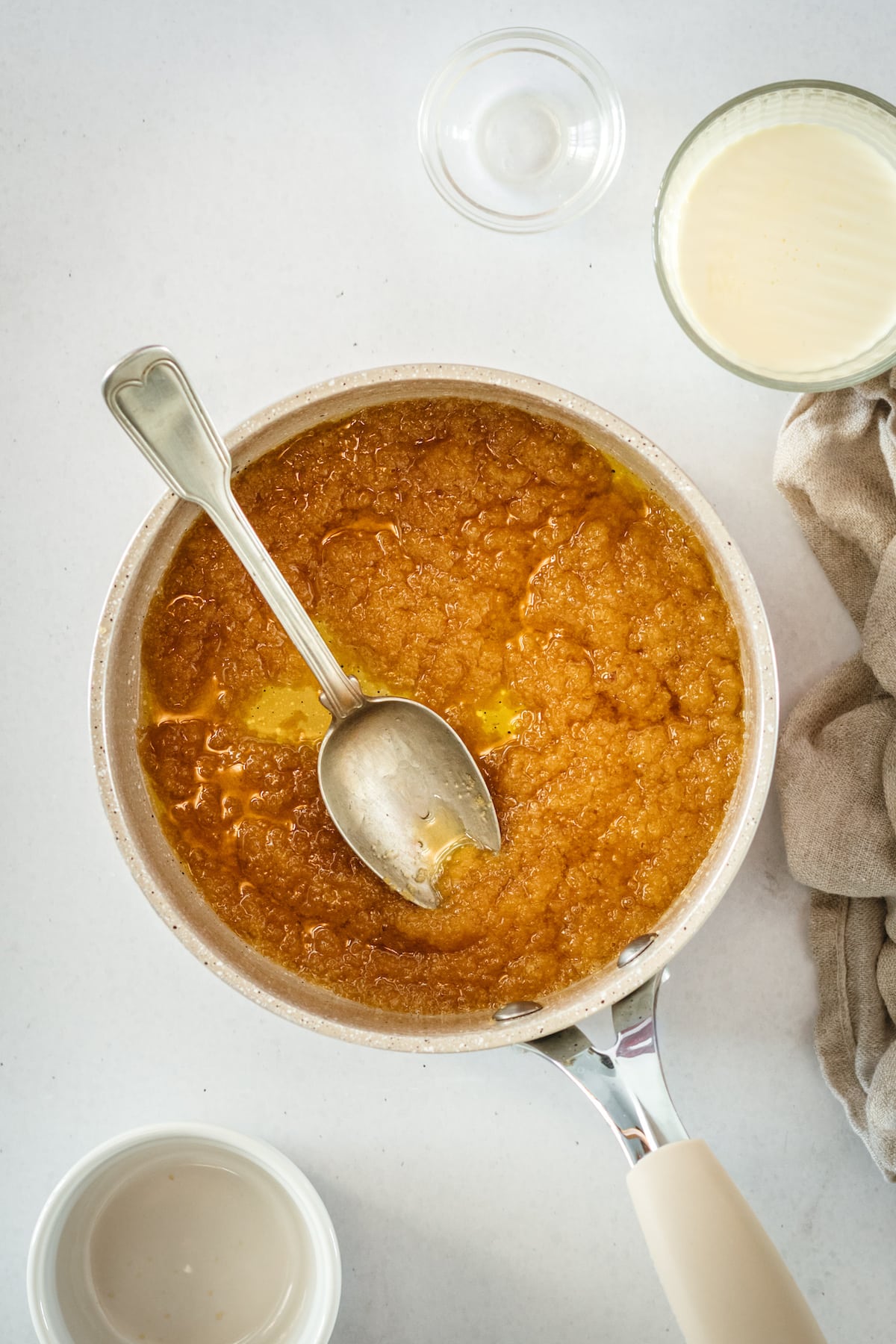 Overhead view of butterscotch being cooked in saucepan