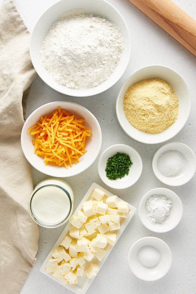 overhead view of ingredients for Cheddar and Chive Cornmeal Biscuits