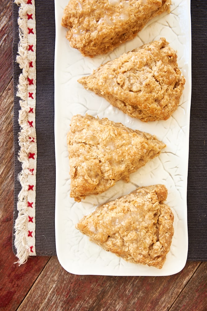 overhead view of Cinnamon Oat Scones on a white tray