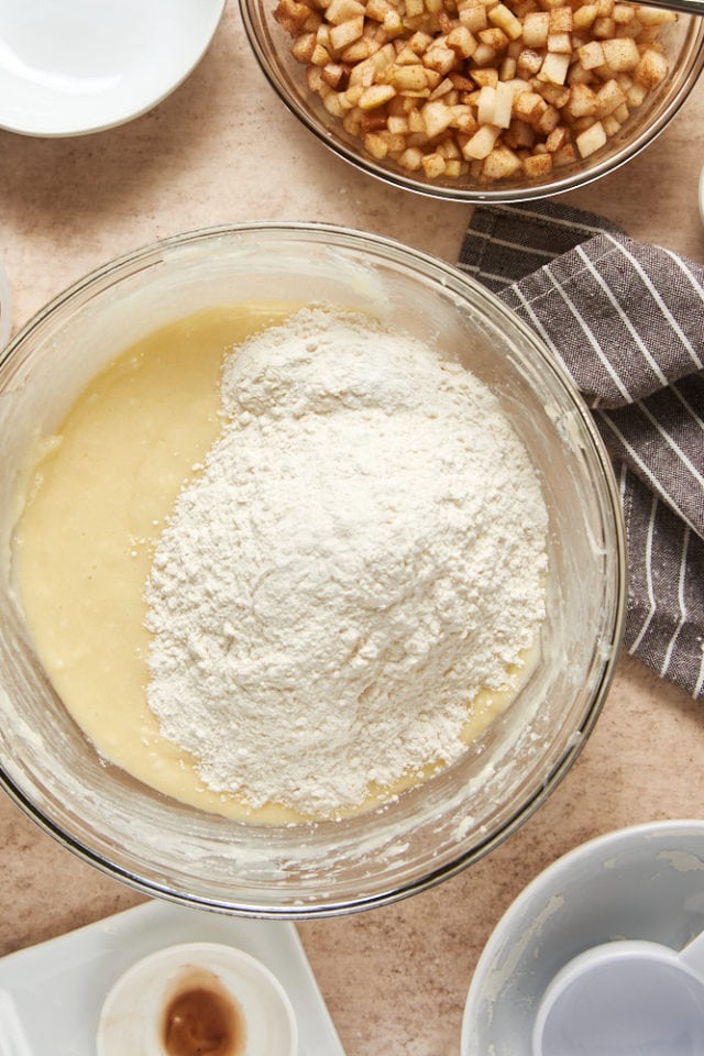 flour added to wet ingredients for Cinnamon Pear Cake