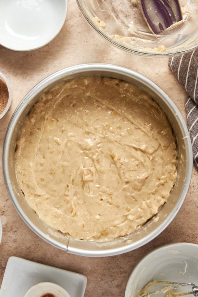 Cinnamon Pear Cake batter in a springform pan