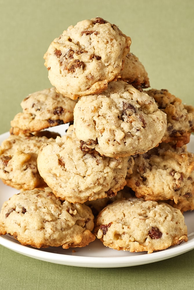 Pecan Date Cookies piled on a white plate