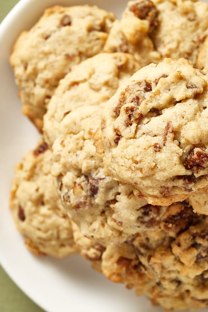 overhead view of Pecan Date Cookies on a white plate