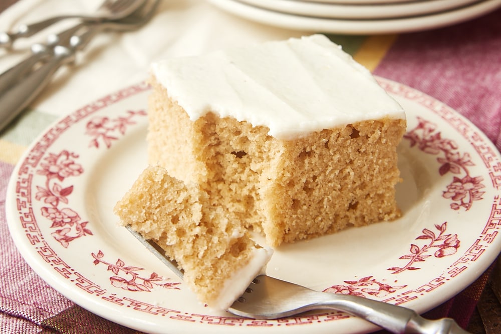 Slice of spice cake on a red and white floral plate