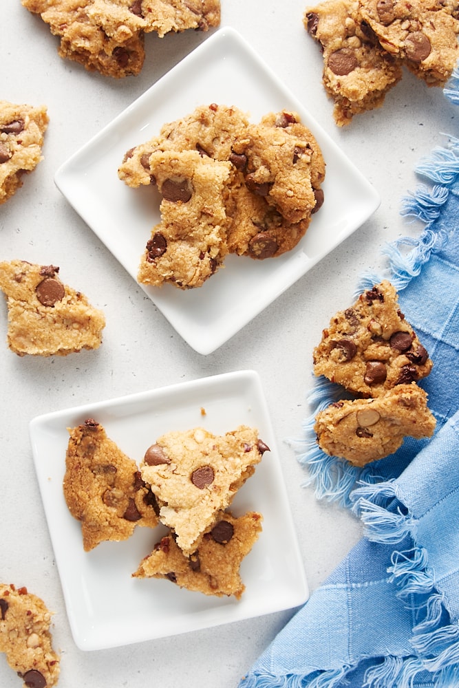 overhead view of Triple Chocolate Chip Cookie Brittle on white plates