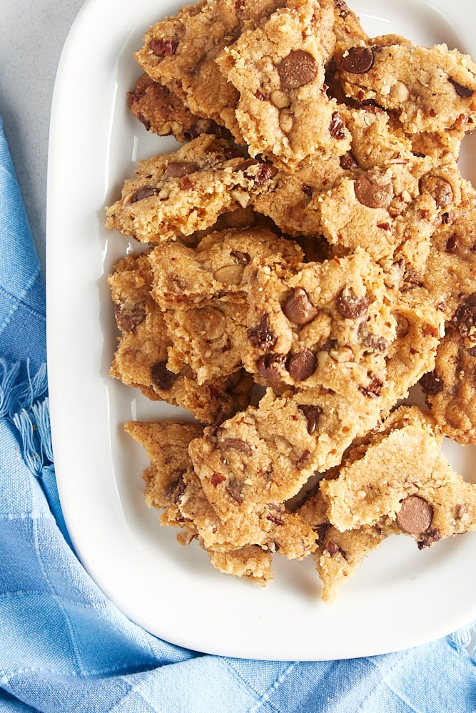 overhead view of Triple Chocolate Cookie Brittle on a white tray