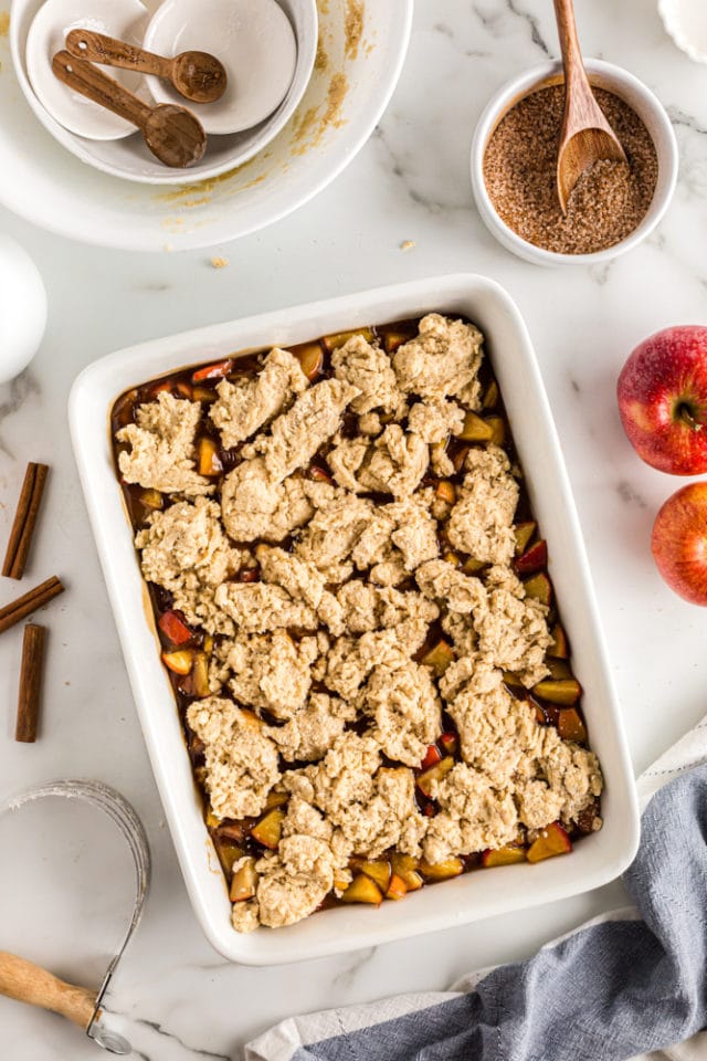 overhead view of topping added to Brown Sugar Apple Cobbler