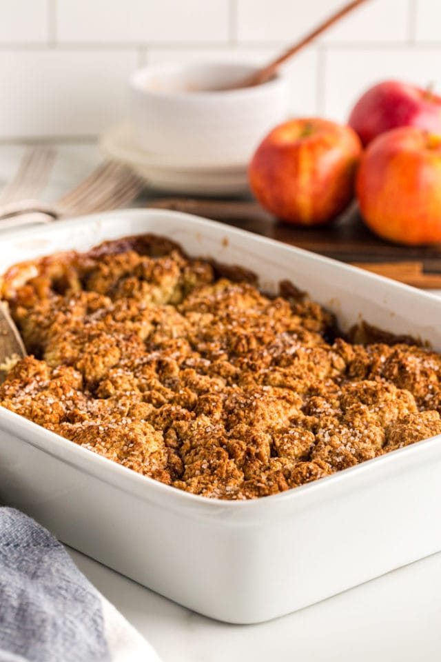 Brown Sugar Apple Cobbler baked in a rectangular white baking pan