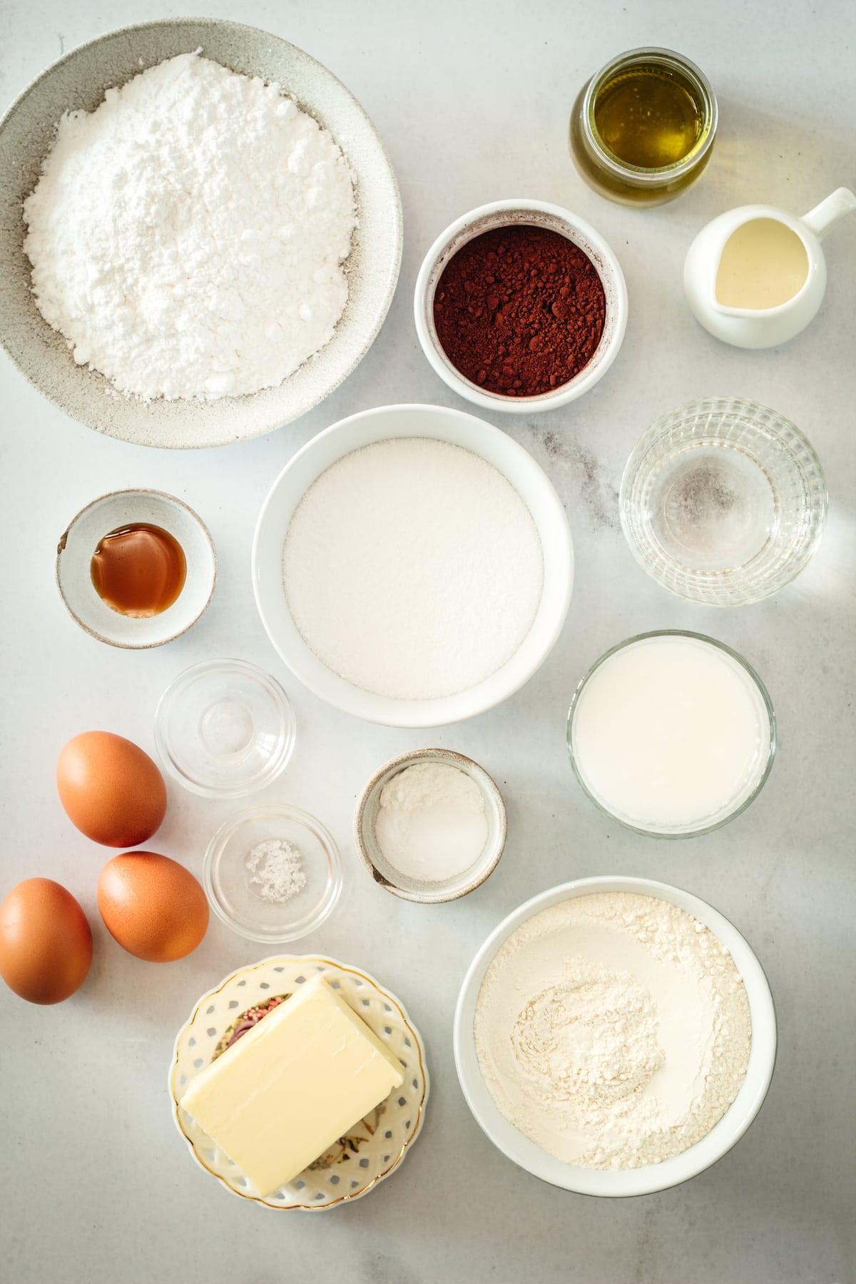 Overhead view of chocolate peppermint cake ingredients
