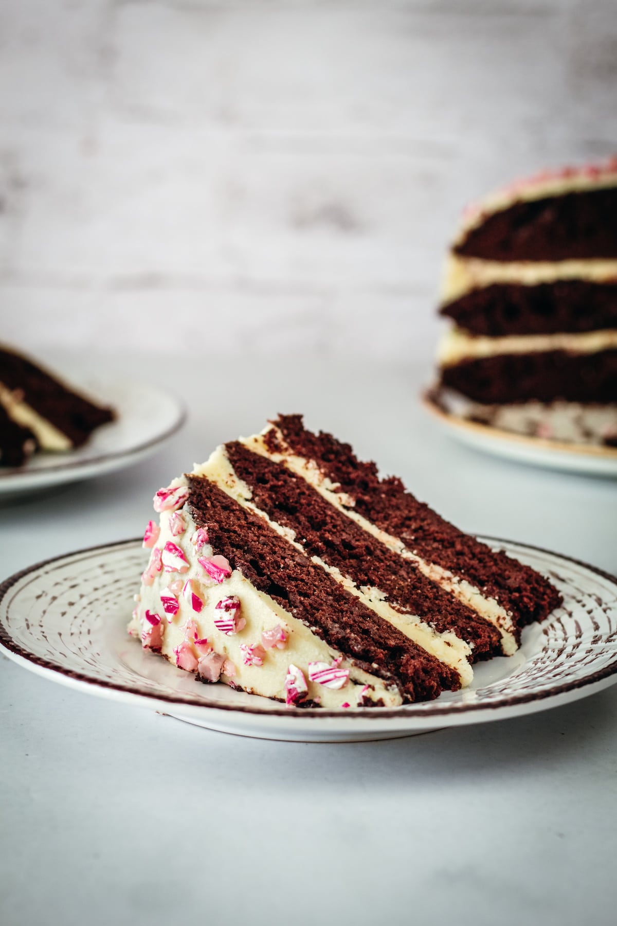 Slice of chocolate peppermint cake on plate with whole cake in background