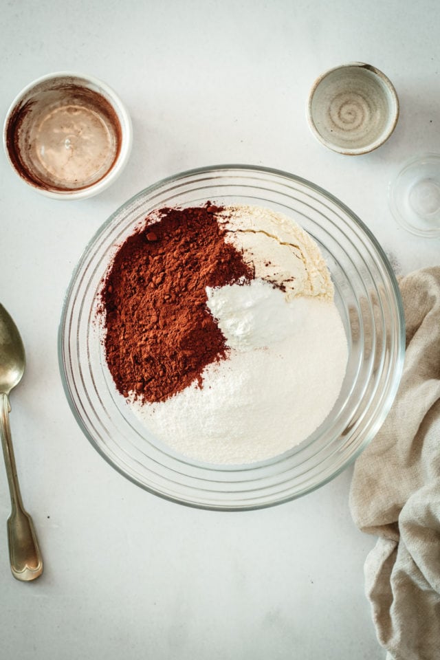 Overhead view of dry ingredients in mixing bowl before whisking