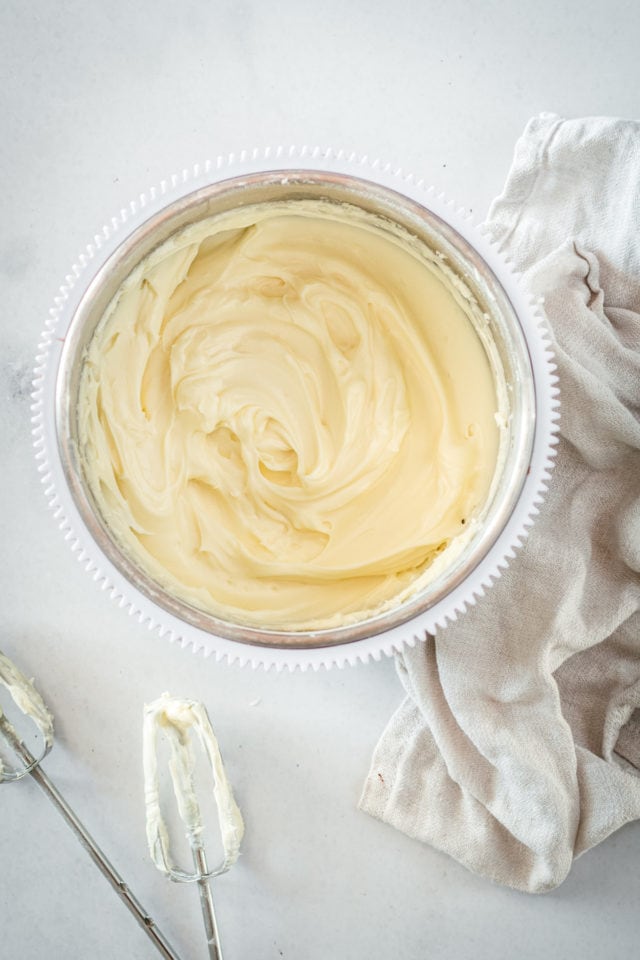 Mixing bowl with cream cheese frosting